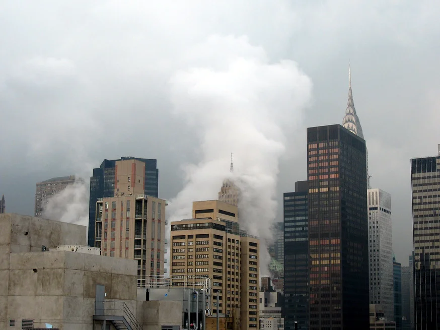 A steam cloud rising over midtown Manhattan