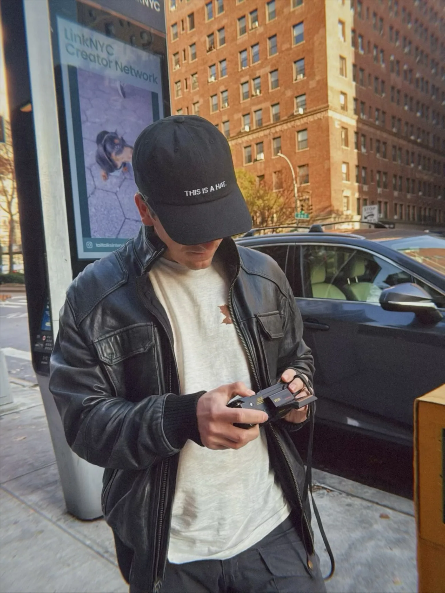 Person wearing black hat that says THIS IS A HAT outdoors in NYC.